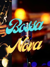 Zdjęcie mikrofonu i saksofonu w klimatycznym świetle, na zdjęciu napis Bossa Nova.