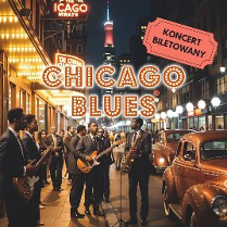 "Chicago Blues. Koncert biletowany." Ulica w Chicagom prawdopodobnie w latach pięćdziesiątych dwudziestego wieku. Czterech czarnych mężczyzn z gitarami gra bluesa.