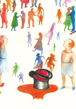 Rysunek dziewczynki i chłopca, którzy stoją przy cylindrze. Z cylinda za pomocą magicznej różdżki wychodzą kolorowe postacie ludzi. Pod spodem czarno-pomarańczowo-zielony napis "Cinema Italia Oggi 2025".