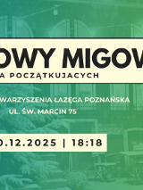 jących. Na zielono-niebieskim tle widnieje napis: "Darmowy migowy dla początkujących", poniżej adres: "Atelier Stowarzyszenia Łaźęga Poznańska, ul. Św. Marcin 75" oraz data i godzina: "30.12.2025 | 18:18".