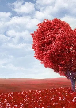 Czerowne drzewo, którego liście są ułożone w serce. W tle czerwona łąka i niebieskie niebo.