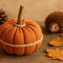 Dekoracja dynii zrobionej z materiału i gałęzi. W tle drewniany jeżyk, szyszki i liście.