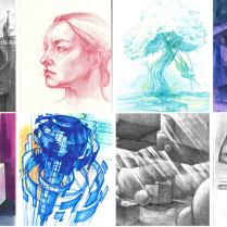 Kilka rysunków i obrazów, przedstawiających budynki, postaci i przedmioty.