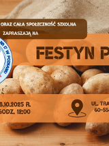 Informacje o festynie pyry i logo zespołu szkół nr 17, w tle zdjęcie rzeczonych pyr wysypujących się na blat stołu z jutowego worka.