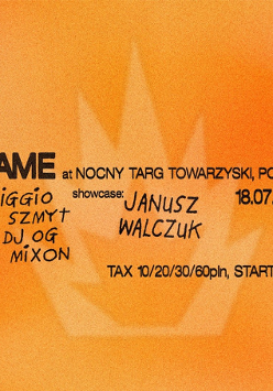 Pomarańczowe tło z czarnym napisem "Flame at nocny targ towarzyski, Poznań"