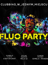 Na czarnym tle dwie ciemne postacie pokryte kolorową farbą.