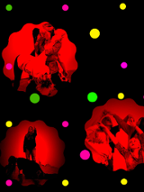 Fragment plakatu: trzy czerwone plamy ze zdjęciami osób w różnych pozach. Czarne tło z kolorowymi kropkami.