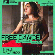 Prowadząca zajęcia w trakcie warsztatów. Kobieta ma zamknięte oczy, jest skupiona. Czarne napisy na zielonym tle informujące o wydarzeniu.