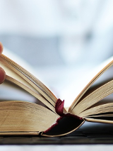 Dłonie trzymają otwartą książkę.