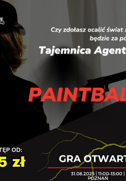Odwrócona osoba w kapeluszu mierzy z rewolweru, informacje o otwartej grze w paintball.