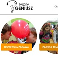 Na górze logo: Zarówka i napis: Mały Geniusz. Pod spodem: dzieci trzymają balona czołami.