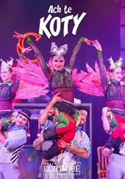 Na pakacie w centralnej części aktorzy, ubrani w kolorowe stroje. Mężczyźni trzymają siedzące na ich ramionach kobiety. Na górze biały tytuł spektaklu Ach te koty, na dole grafiki nazwa teatru również w kolorze białym.