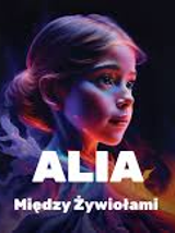 Na grafice twarz dziewczynki w jasnych włosach uczesanych w kitkę widoczna profilem. Na dole grafiki widoczne kolorowe płomienie ognia. Wokół informacje o spektaklu: tytuł i nazwa teatru.,