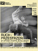 Grafika przedstawia czarno-białe zdjęcie otoczone beżową, szeroką ramką z prostokątów. Fotografia prezentuje ciała tancerzy w ruchu. Po bokach widoczne są napisy przedstawiające nazwę, daty i miejsce wydarzenia oraz nazwisko prowadzącego.