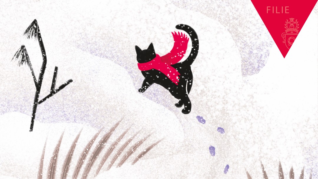 Grafika: czarny kot w czerwonym szalu odchodzi za zaspy, widać po nim ślady na śniegu.