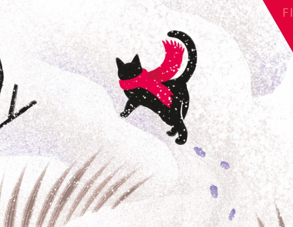 Grafika: czarny kot w czerwonym szalu odchodzi za zaspy, widać po nim ślady na śniegu.