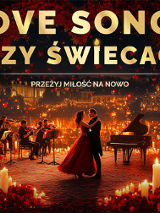 Plakat wydarzenia w czerwono-żółtych kolrach. Na scenie tańcząca para, za nimi muzycy i fortepian, a dookoła zapalone świece. U góry plakatu tytuł wydarzenia.