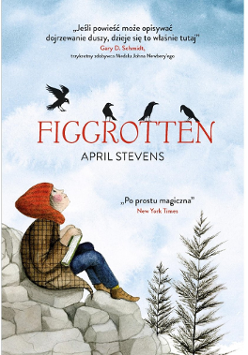 Dziewczynka siedzi na kamieniach, na szczycie góry, w rękach trzyma książkę, patrzy w górę na ptaki siedzące na literach tworzących napis Figgrotten. Poniżej widać czubki drzew.