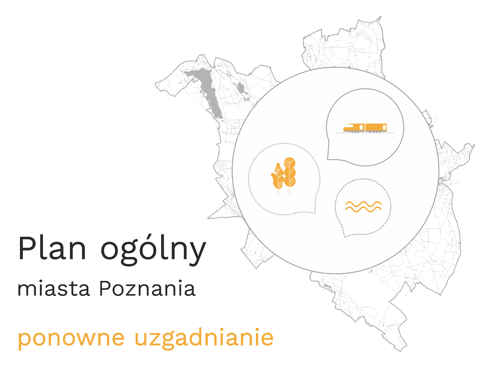 Grafika POG - ponowne uzgadnianie Grafika informująca o ponownym uzgadnianiu - kontur granic Poznania z kołem w środku i ikonami przedstawiającymi wodę, las i komunikację zbiorową