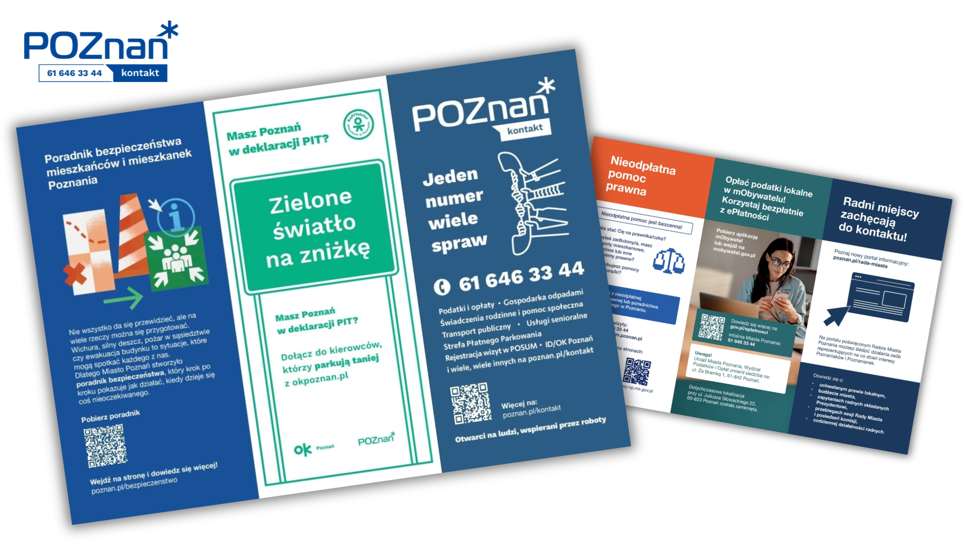 Grafika przedstawia dwie strony ulotki informacyjnej dla mieszkańca miasta poznania, przeważające kolory to niebieski, zielony i pomarańczowy na ulotce znajdują się informacje dot. usług realizowanych przez Biuro Poznań Kontakt
