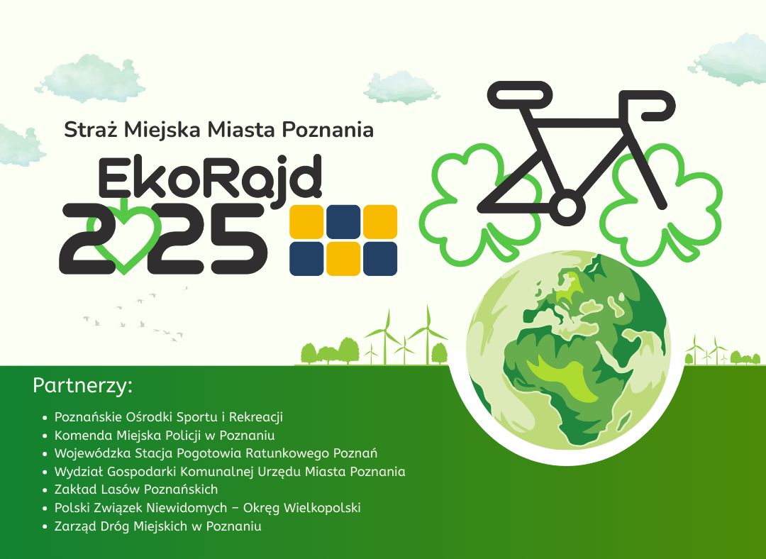 EkoRajd2025 grafika przedstawia logo EkoRajdu, rower z kołami w formie koniczyn, planetę ziemię oraz listę współorganizatorów i partnerów, wszystko w zielonych odcieniach