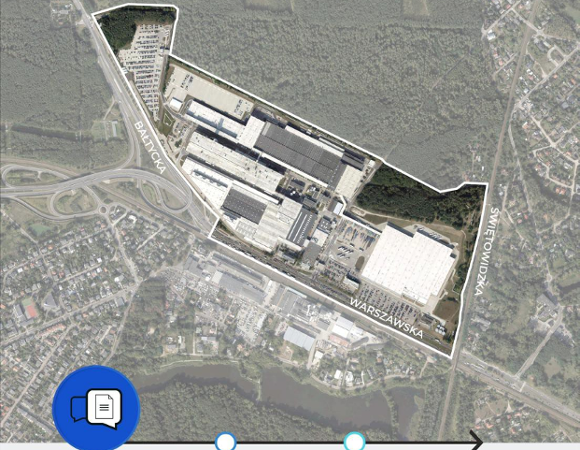 Grafika przedstawia ortofotomapę fragmentu miasta Poznanioa z nieniesioną białą granicą projektu planu miejscowego w Poznaniu. Wzdłuż ulic napis:Bałtycka, Warszawska, Świętowidzka. Na dole grafiki znajduje się oś czasu z wyróżnionym na niebiesko etapem projektu planu - I konsultacje społeczne