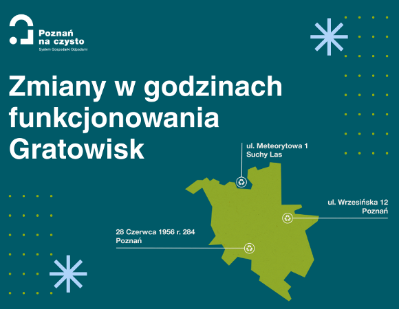 Grafika przedstawia schematyczny plan Poznania z zaznaczonymi miejskimi Punktami Selektywnego Zbierania Odpadów Komunalnych