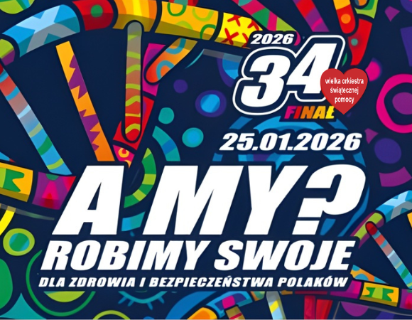 Grafika przedstawia treść "choroby przewodu pokarmowego u dzieci. A my? Robimy swoje dla zdrowia i bezpieczeństwa polaków", jest to grafika promująca 34. finał Wielkiej Orkiestry Świątecznej Pomocy.