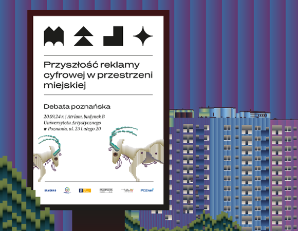 Grafika przedstawia urządzenie reklamowe, citylight, na tle fioletowo niebieskich pasów, wraz z artystycznym wyobrażeniem fioletowo niebieskiego bloku. W citylighcie wyświetla się plakat poznańskiej debaty o nazwie: przyszłość reklamy cyfrowej w przestrzeni miejskiej.