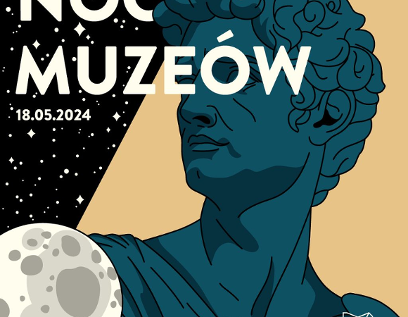 Grafika ukazuje popiersie mężczyzny w antycznym stylu, w kolorze ciemnego turkusu. Tło podzielone jest na gwieździste nocne niebo i połać żółcieni. W lewym dolnym rogu mieści się wyobrażenie Księżyc w pełni. U góry biały napis " NOC MUZEÓW 18.05.2024". Na dole logo Estrady Poznańskiej, Miasta Poznań, Muzeum Narodowego w Poznaniu.