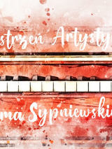 Białe napisy jak odręczne na czerwonym rysunkowym fortepianie.