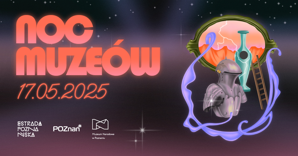 Autorka identyfikacji wizualnej: Natalia Pawlak Granatowe tło z neonowym napisem "noc muzeów", po prawej stronie w okrągłej ramie od obrazu umieszczono zbroję rycerską, wazon i kolorowe mazy.
