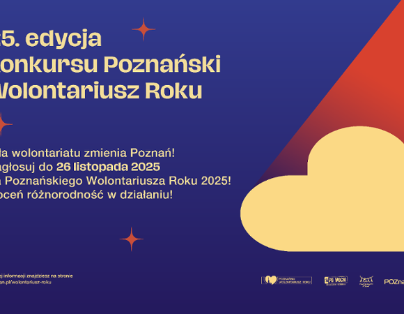 granatowy plakat z informacjami o głosowaniu i konkursie, na plakacie żółte serce a nad nim łuna czerwonego światła jak z reflektora na scenie