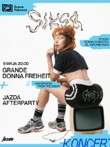 Plakat, który reklamuje koncert Grande Donna Freiheit & Her Spiders from the Squat. Zdjęcie artyski, która siedzi na małym telewizorze. Dookoła napisy, które informują o wydarzeniu.