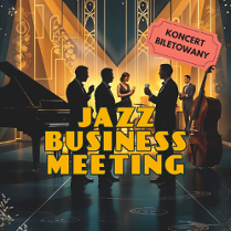 Grafika, osoby elegancko ubrane, które stoją pomiędzy instrumentami, obok napisy informujące o wydarzeniu.