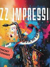 Na kolorowym tle saksofon otoczony przez wirujące klawisze fortepianu. Napis Jazz Impression oraz koncert biletowany.