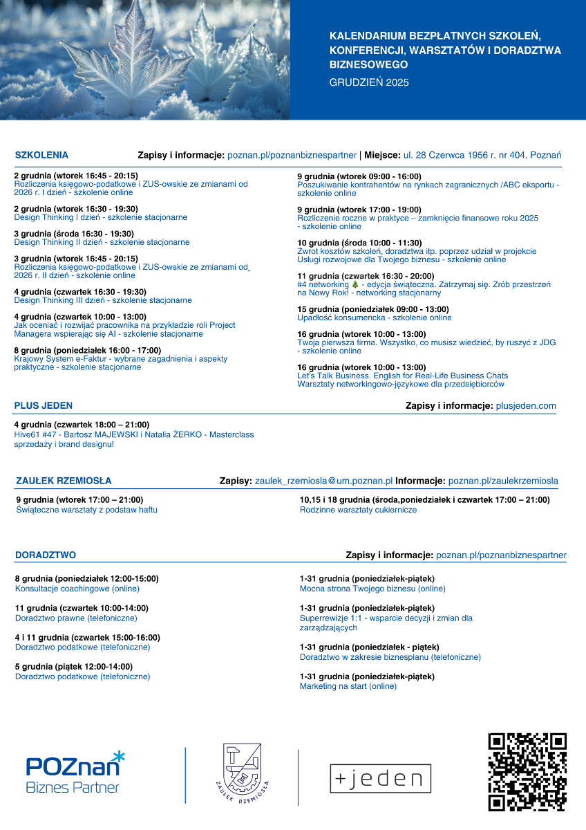 Kalendarium ze szkoleniami na grudzień. Dodatkowo na grafice znajduje się oblodzona gwiazdka.