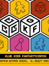 Kolorowa plansza z grafikami związanymi z grami planszowymi: pionki, kostki, karty. Na środku dwie kostki z logiem Centrum Szyfrów Enigma.