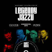 Plakat koncertu jazzowego, na czarnym tle kolorowe zdjęcia uczestników koncertu.