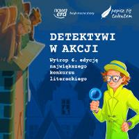 Detektyw z lupą i nazwa konkursu.