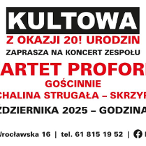 Informacje o koncercie Kwartetu Proforma w klubie Kultowa, czarno-czerwone na białym tle.