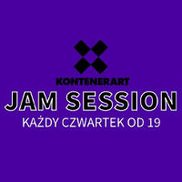 Na fioletowym tle logo KontenerART i napis "Kontenerartjam session każdy czwartek od 19".