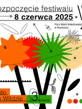 Plakat promujący Lato na Wildzie, w centralnej części abstrakcyjny bukiet zrobiony z kolorowych kół zębatych, dookoła latające owady.