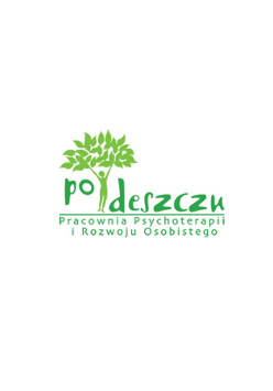Napis "po deszczu" z podpisem "Pracownia Psychoterapii i Rozwoju Osobistego"; między słowami zielony ludzik trzymający wysoko uniesione liście.