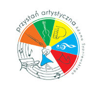 Tancerka na tle koła z grafikami instrumentów oraz innych artystycznych akcesoriów.