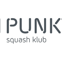 Logotyp 11 punkt Squash - na białym tle czarny napis 11 punkt squash klub z niebieskimi elementami