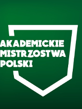 Logotyp Akademickich Mistrzostw Polski - biała nazwa zawodów na zielonym tle