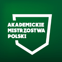 Logotyp Akademickich Mistrzostw Polski - biała nazwa zawodów na zielonym tle
