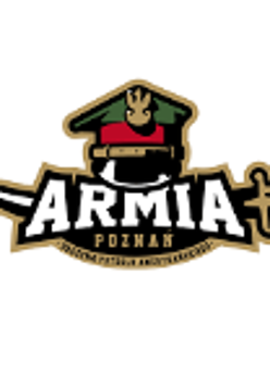 Logotyp Armii Poznań - w środku duży biały napis Armia, w jego tle czarny miecz oraz czapka żolnierska, a na dole na czarnym tle napis Poznań
