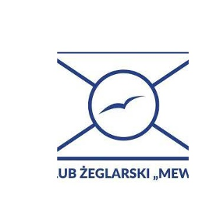 Logotyp Klubu Żeglarskiego Mewa - w środku symbol mewy an tle żagla. Na dole nazwa klubu. Wszystko w granatowym kolorze na białym tle